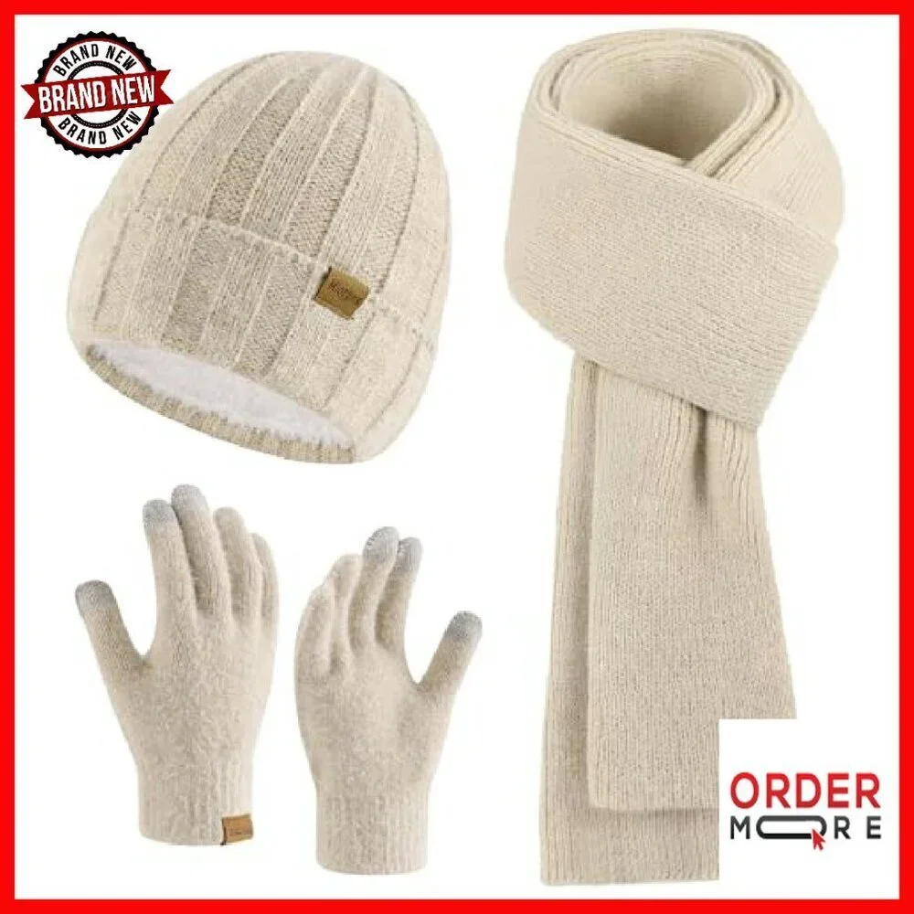 Premium Winter Beanie Scarf Gloves Set Touchscreen Warm Unisex